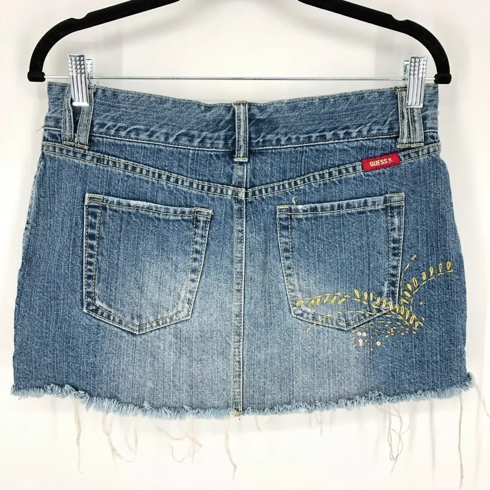 Vtg Guess Jeans Y2K Denim Mini Skirt Womens 28 Gold Sequins Cutoff Destructed‎